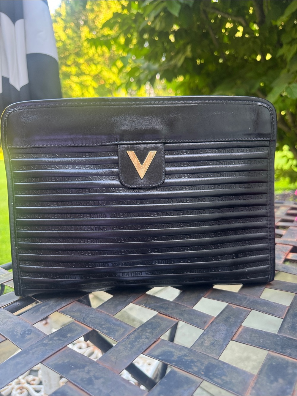 Mario Valentino Black Leather  Clutch with Gold V Emblem